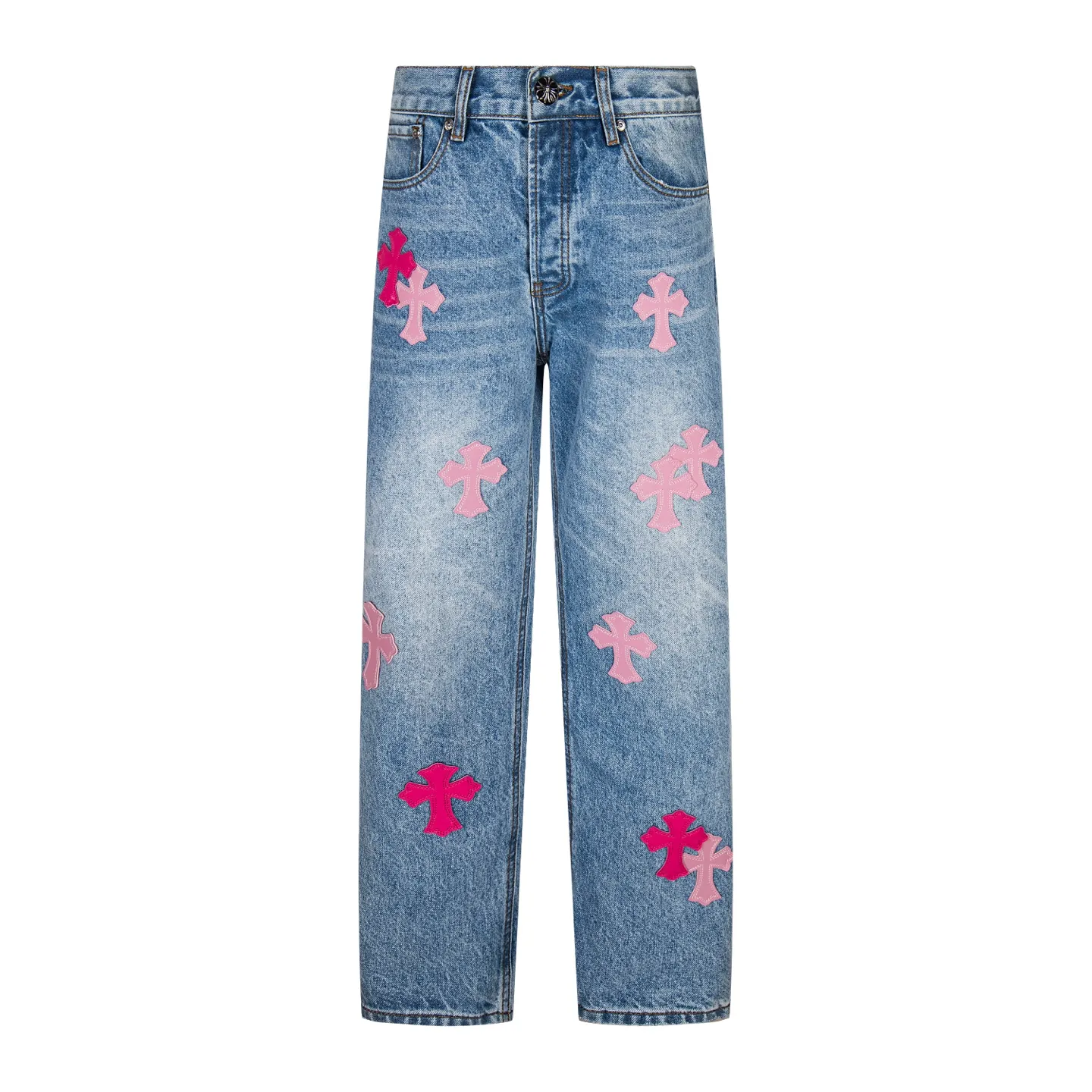 P260 (Higher version, evergreen version) Chrome Hearts 25FW CH blue trousers pink leather cross bamboo jeans. They adopt patchwork elements, mostly in the shape of a cross, with glitter on the leather surface. Unique design, simple and elegant details, exquisite workmanship, neat lines of the entire trousers, and perfect details! It’s also so cool that both men and women can easily control it. It’s a gender-neutral trendy up version. Style number: 1728# Color: blue pants and pink leather Size: 28 30 32 34 36